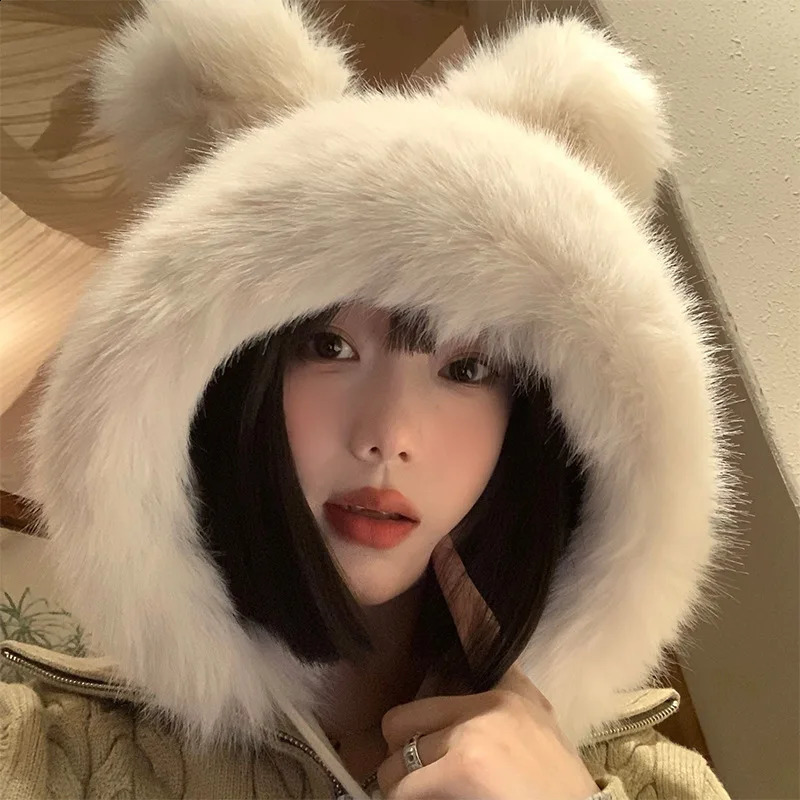 RICYGVM Womens Fluffy Fur Eartips Winter Plush Fishermans Hat Windproof Warm Head Gear Cute Bear Girl 250210