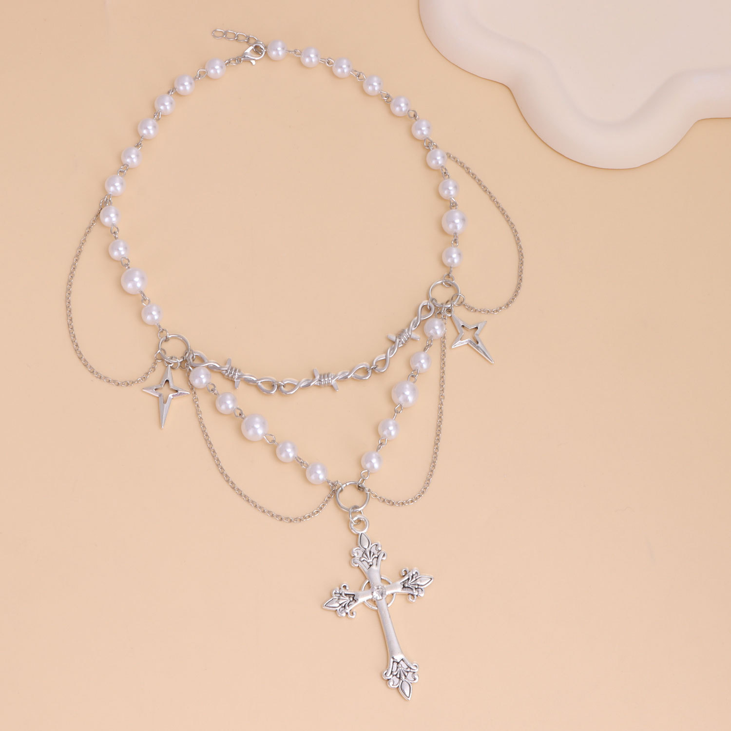 Pearl tassel cross hundred fashion necklace Europe and the United States niche design spicy girl party jewelry