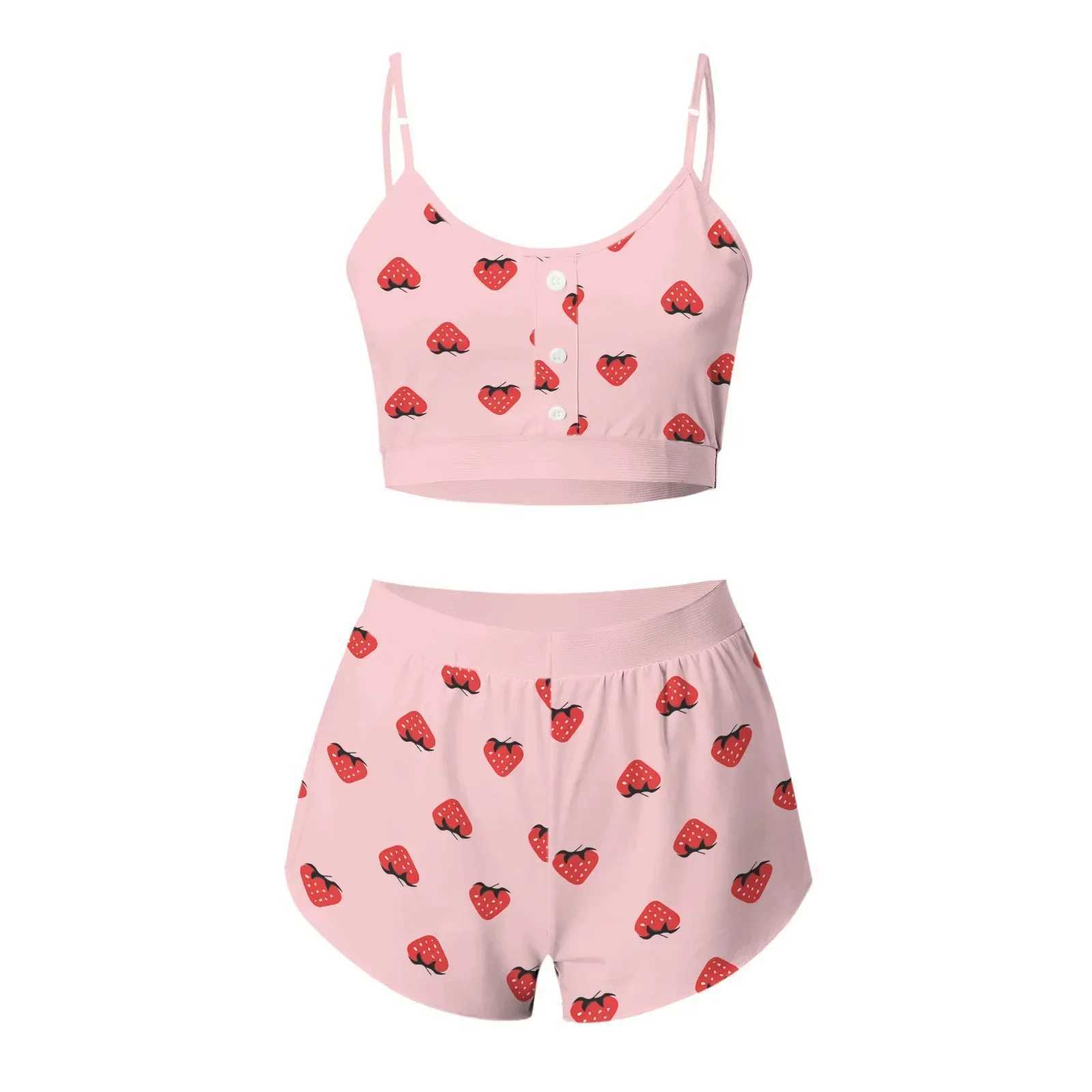 Summer 2-Piece Pajama Set Women Spwear Strberry Printed Lace Sling Crop Tops and Shorts Home Clothes Loungewear PijamasXJ250220