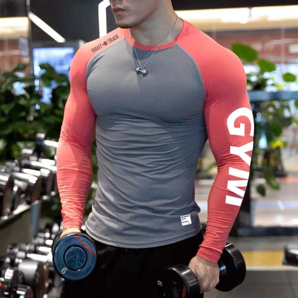 New Mens Long Sleeve GYM Clothes Dual Color Blocking Tights Shirt Sport Fitness RIGHTTRACK Milk Silk Fabric Athletic Wear W250220