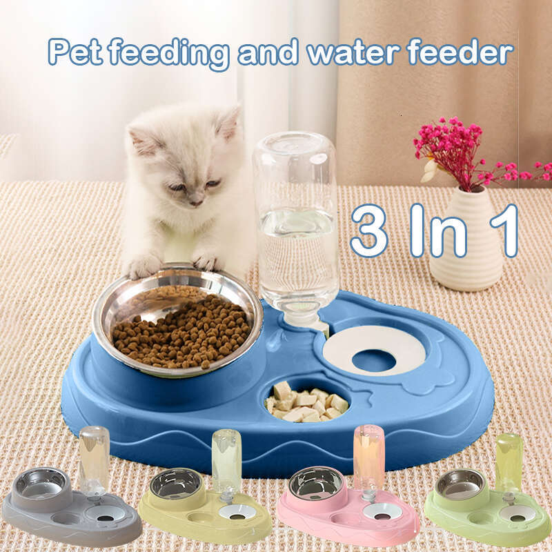 DHpet Double Dog Cat Bowls 2 in1 Tilted Pet Food Set with Automatic Gravity Water Dispenser Bottle Detachable Stainless Steel Bowl No-Spill for Cats a