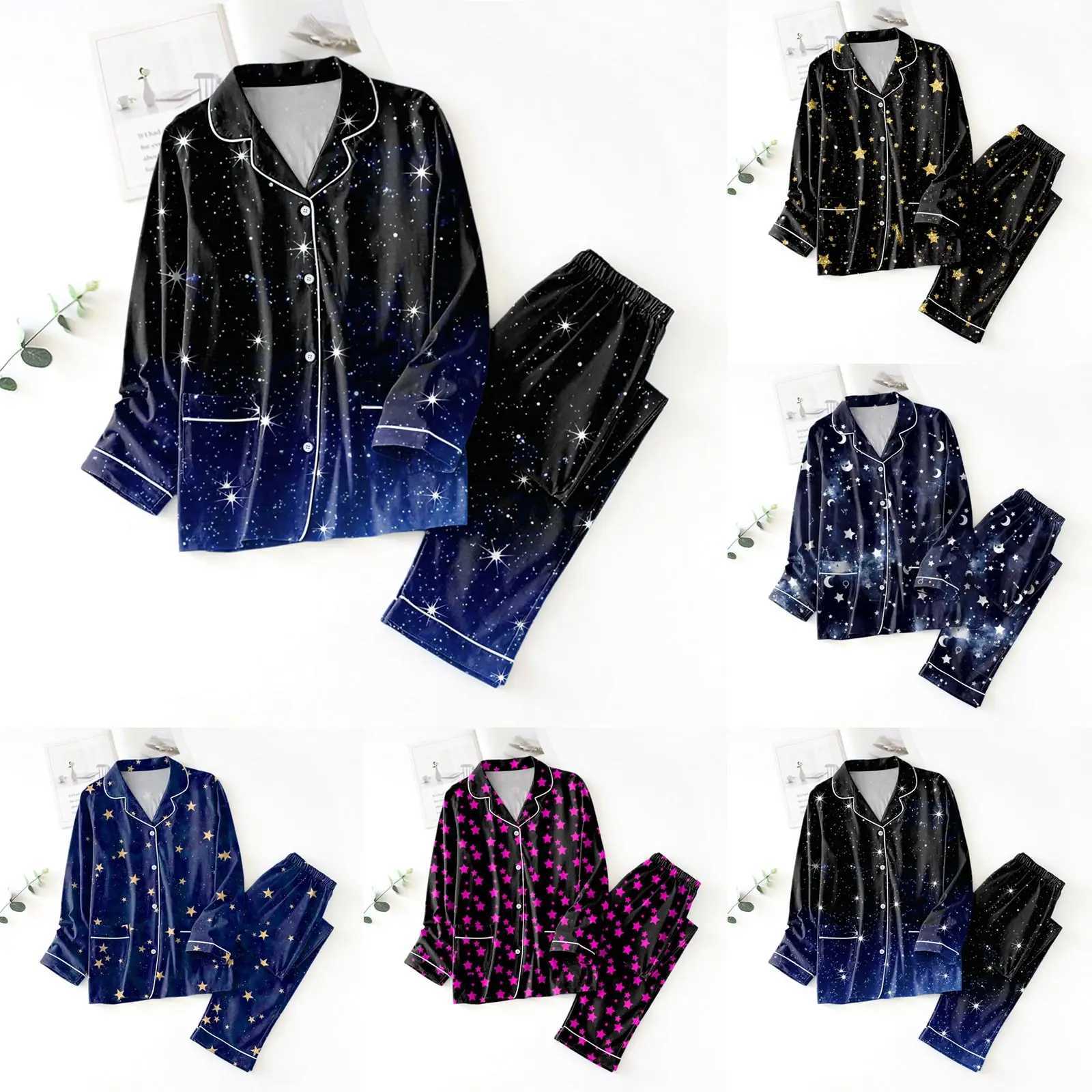 Loungewear Women Pajama Sets 2 Piece Star Printing Long Sve Shirt With Pant Sets Trendy Pyjamas Autumn Winter Satin SpwearXJ250220