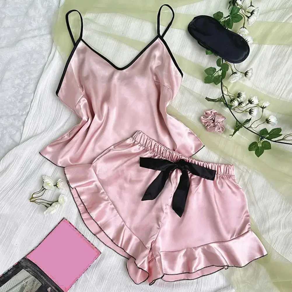 Womens Ele Satin Pajamas Set V-Neck T-Shirt Ruffled Edges Tops Shorts Simple And Breathable Pajama Sets Sling Home ClothingXJ250220