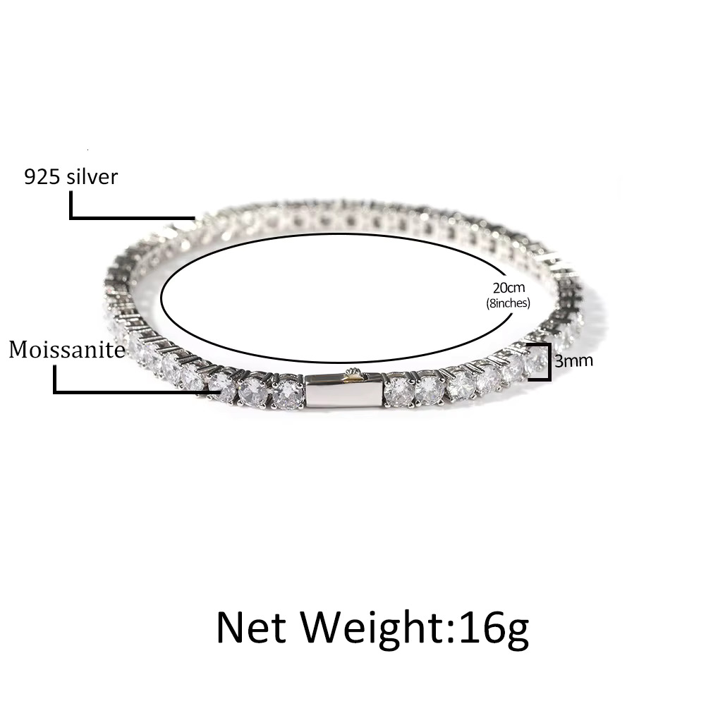 Hip Hop 3mm 4mm Round Dia Moissanite Tennis Chain Bracelet in 14k Gold Plated Iced Out Sterg Sier Necklace Jewelry