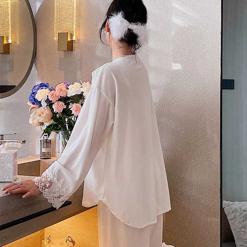 Golden Velvet Pajamas Women Thin Section Long-sved Lace Printed Pajamas For Womens Spring And Autumn Sweet Homewear PajamasXJ250220