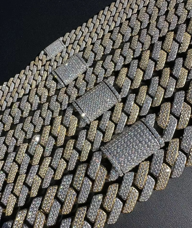 Moissanite Prong Miami k Chain Necklace Two Tone 14k Yellow Gold Vermeil Over Solid Sier Dia Tester