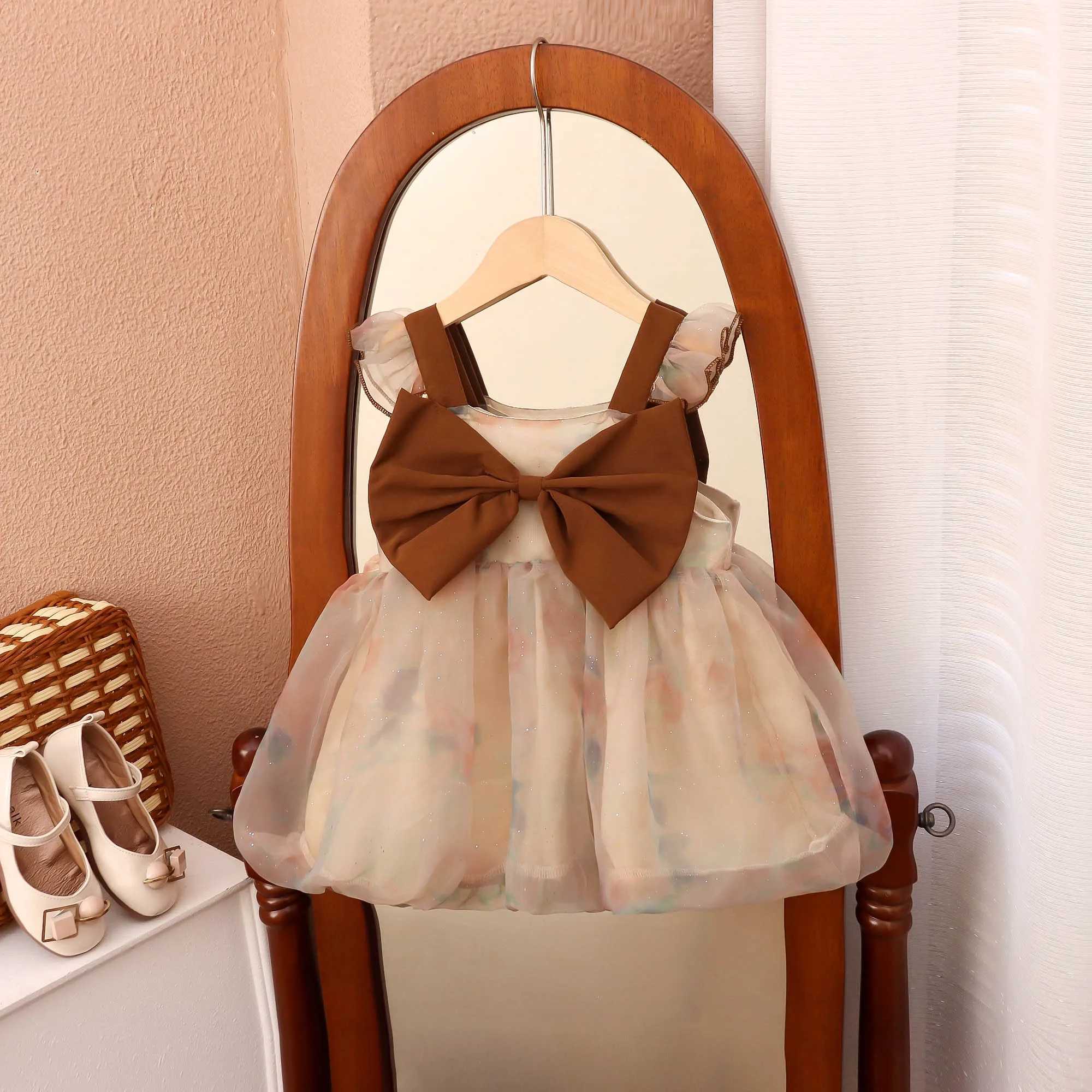 Summer Cute Baby Dress Big Bow Tutu Dress Gradient Brown Baby Girl Sequin Princess Evening Dress For Kids X250220