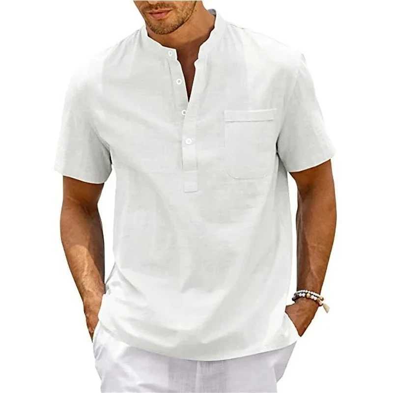 Summer Mens Cotton Short Sleeve T-shirt Solid Color Stand Collar Loose Pullover Shirt Thin Soft Comfortable Button T-shirt Top W250220