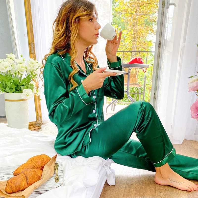 Clearance Sale 2 PCS Women Full Sve Pajamas Sets M-XXL Pyjama Spwear Spring Autumn Fashion Homewear Faux Silk NightwearXJ250220