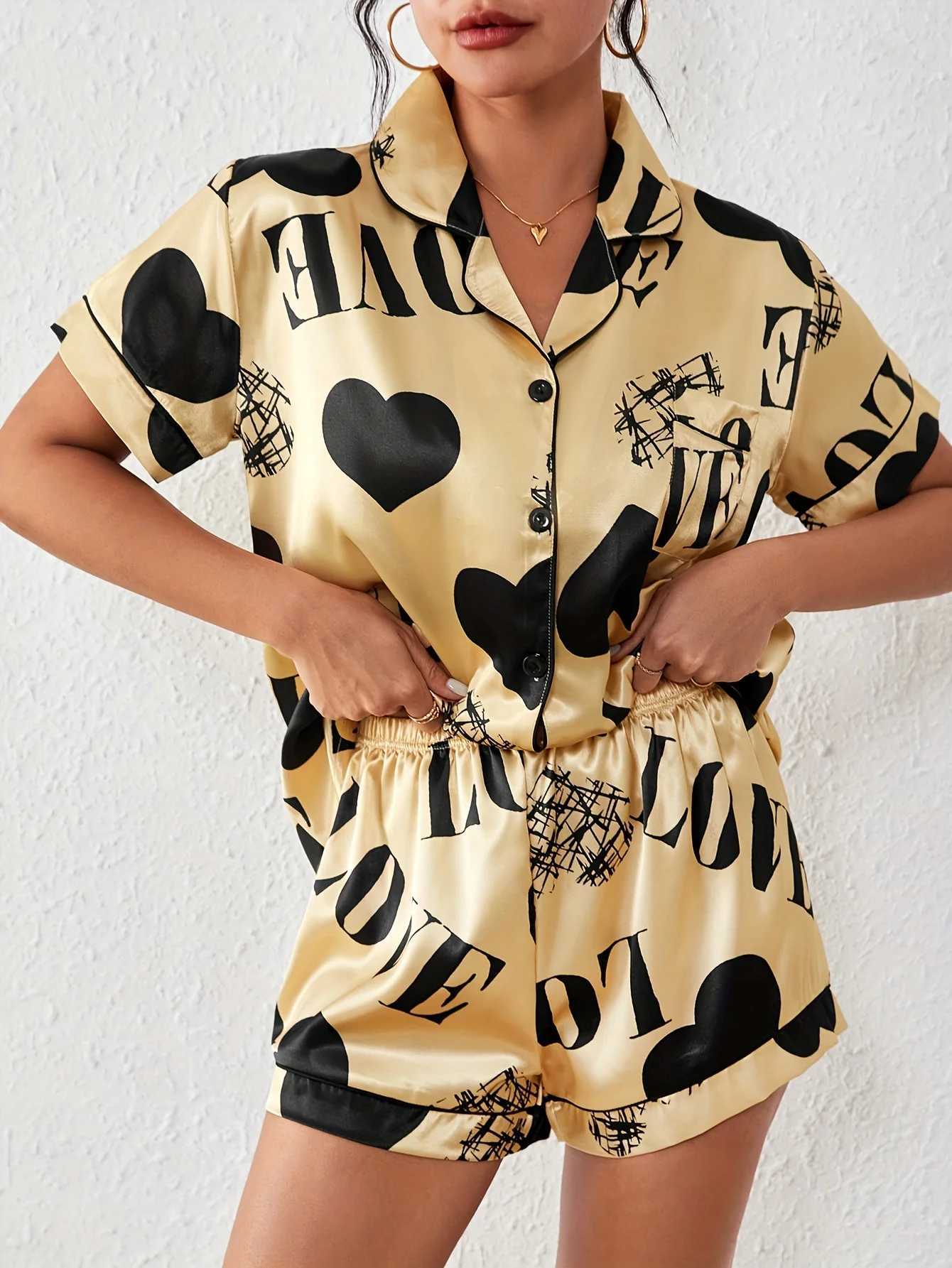 Heart Letter Print Satin Pajama Set Casual Short Sve Buttons Lapel Top Elastic Shorts Womens SpwearXJ250220