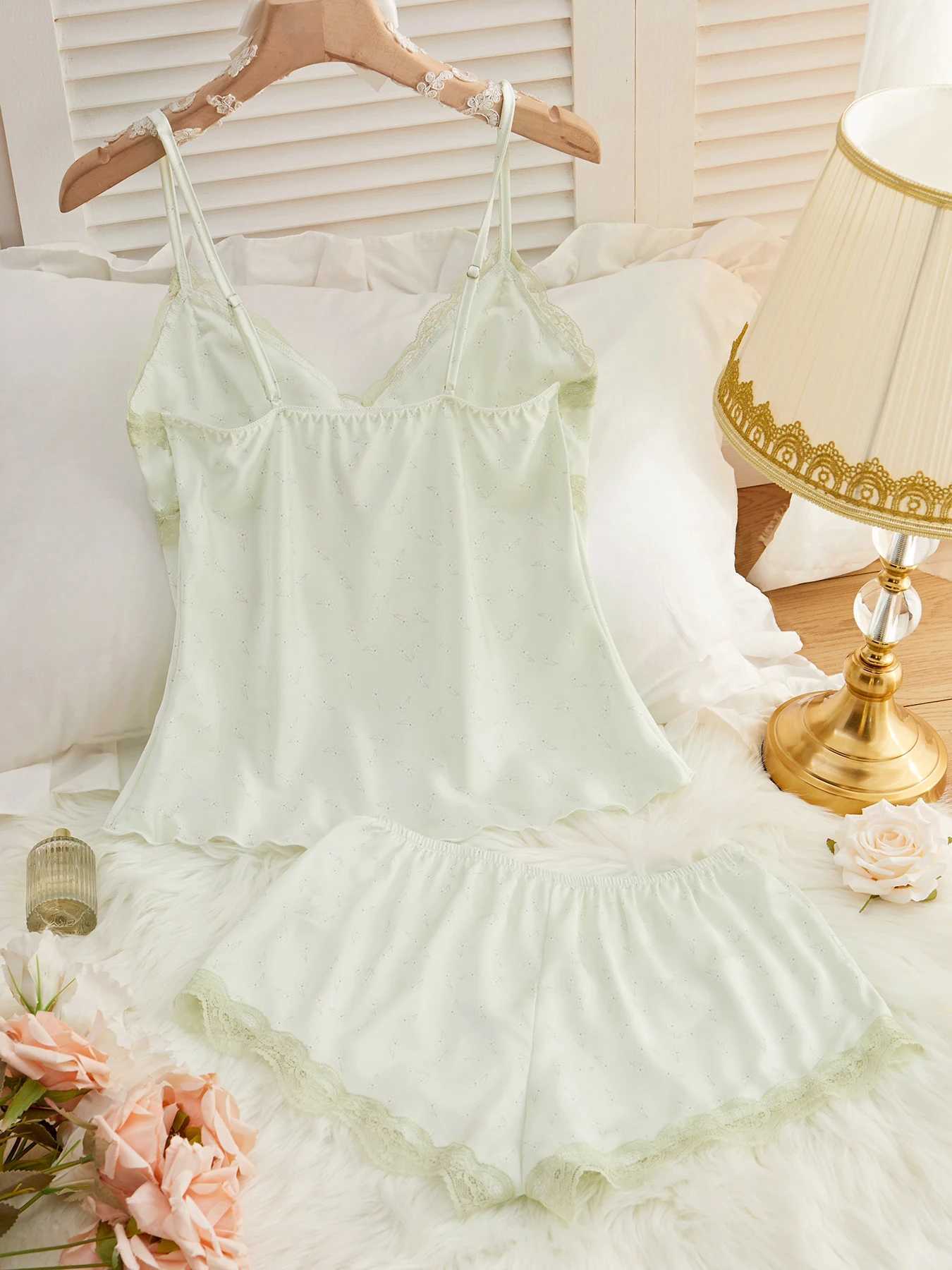 Milk silk suspenders Floral Lace green pure sexy suspenders pajama pants womens pajamaXJ250220