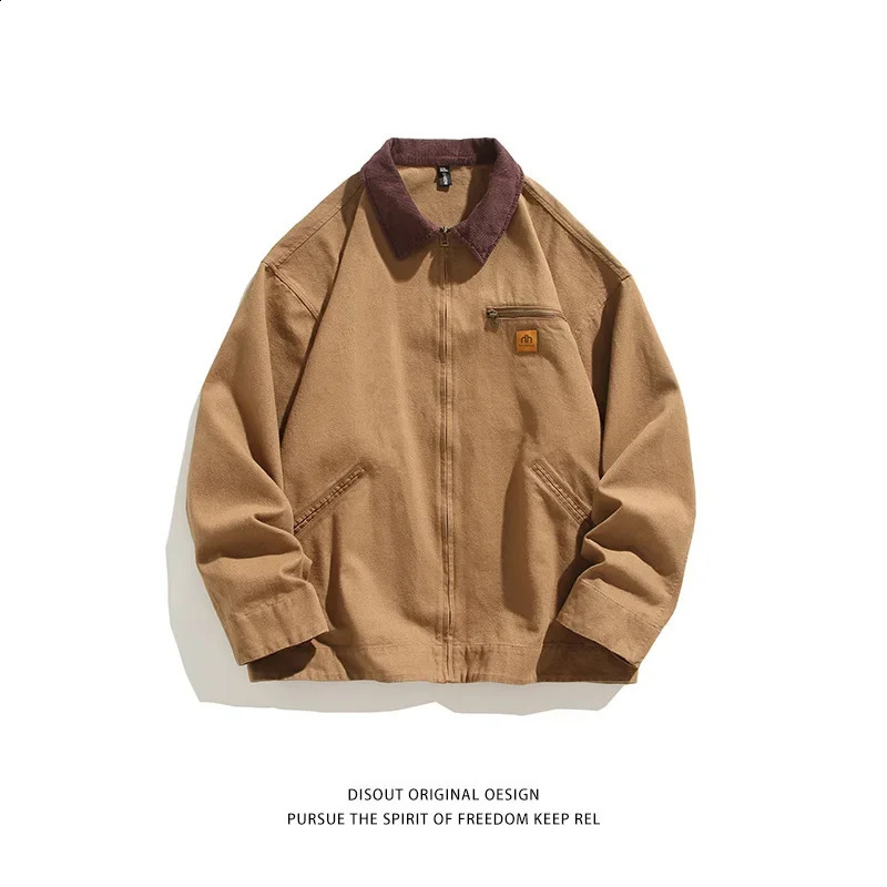 American style retro mens jacket autumn item solid color zipper pocket lapel work casual jacket trend 250221
