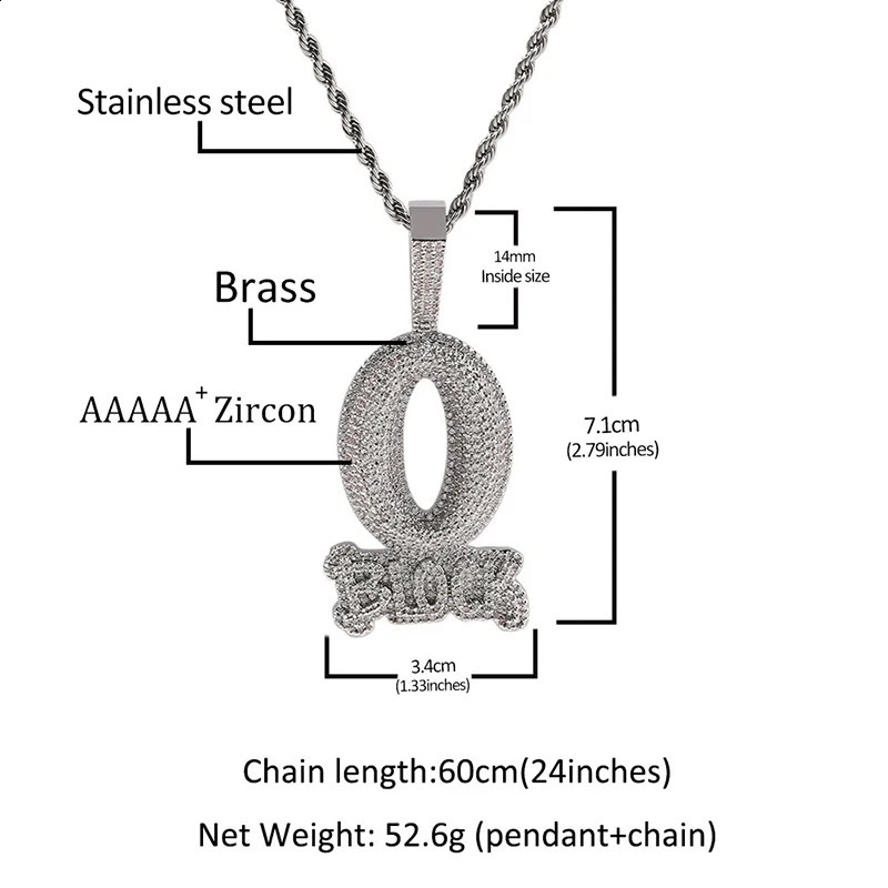 Hip Hop Prong Setting CZ Stone Bling Iced Out Solid O BLOCK Letter Pendant Necklace for Men Rapper Jewelry Gold Silver Color 250220