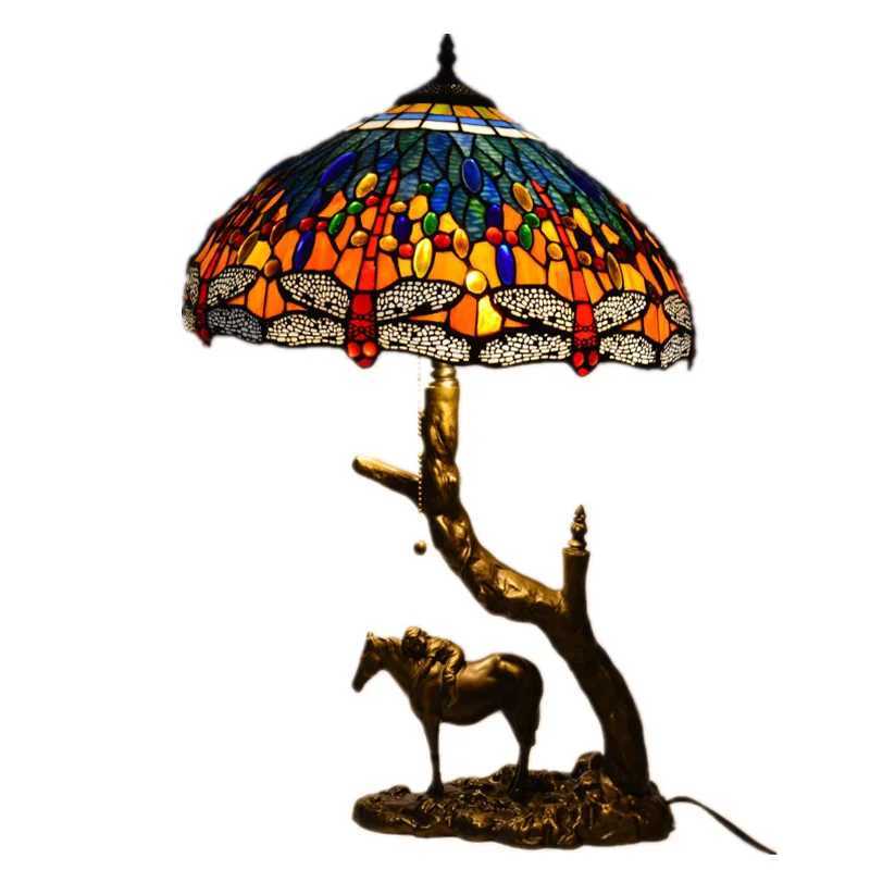 Nordic Round Stained Glass With Dragonfly Pattern Shade With Resin Tree Horse Kid Decor Shelf Bedside Eye Protection Table Lamp Z250220