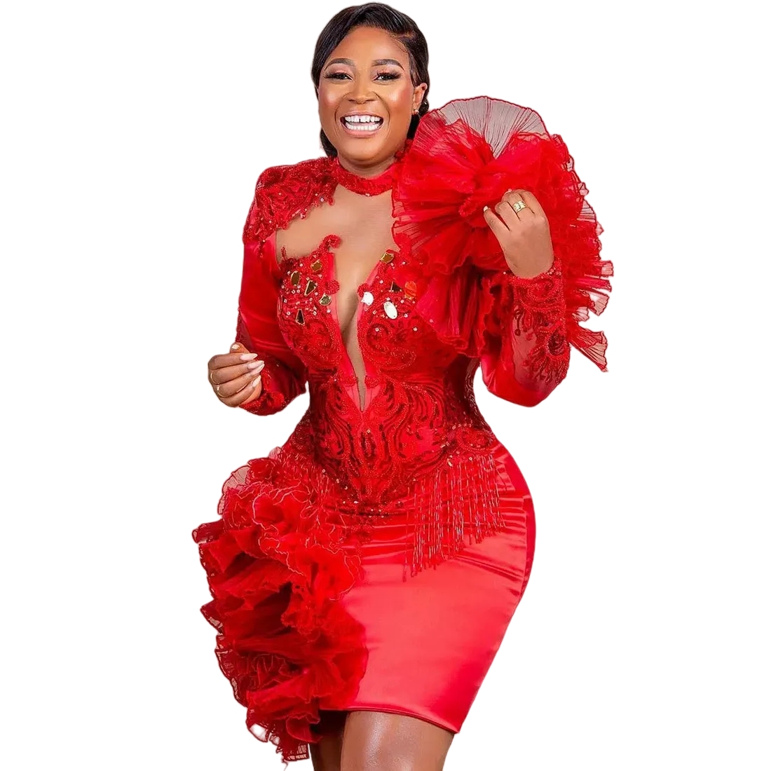 2025 Aso Ebi African Short Prom Dresses Ruffles Lace Appliques Long Sleeves Sheath Birthday Party Gown Beaded Red Cocktail Dress For Women - view 4