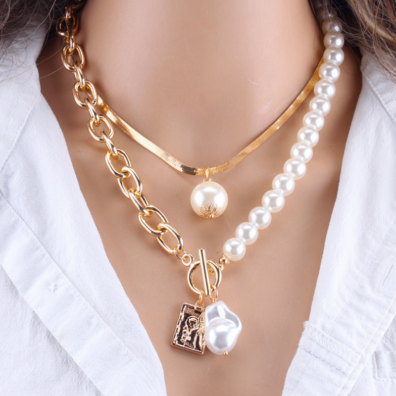Vintage New Baroque Pearl Portrait Square Plaque Necklace for Women Double Set of Chains