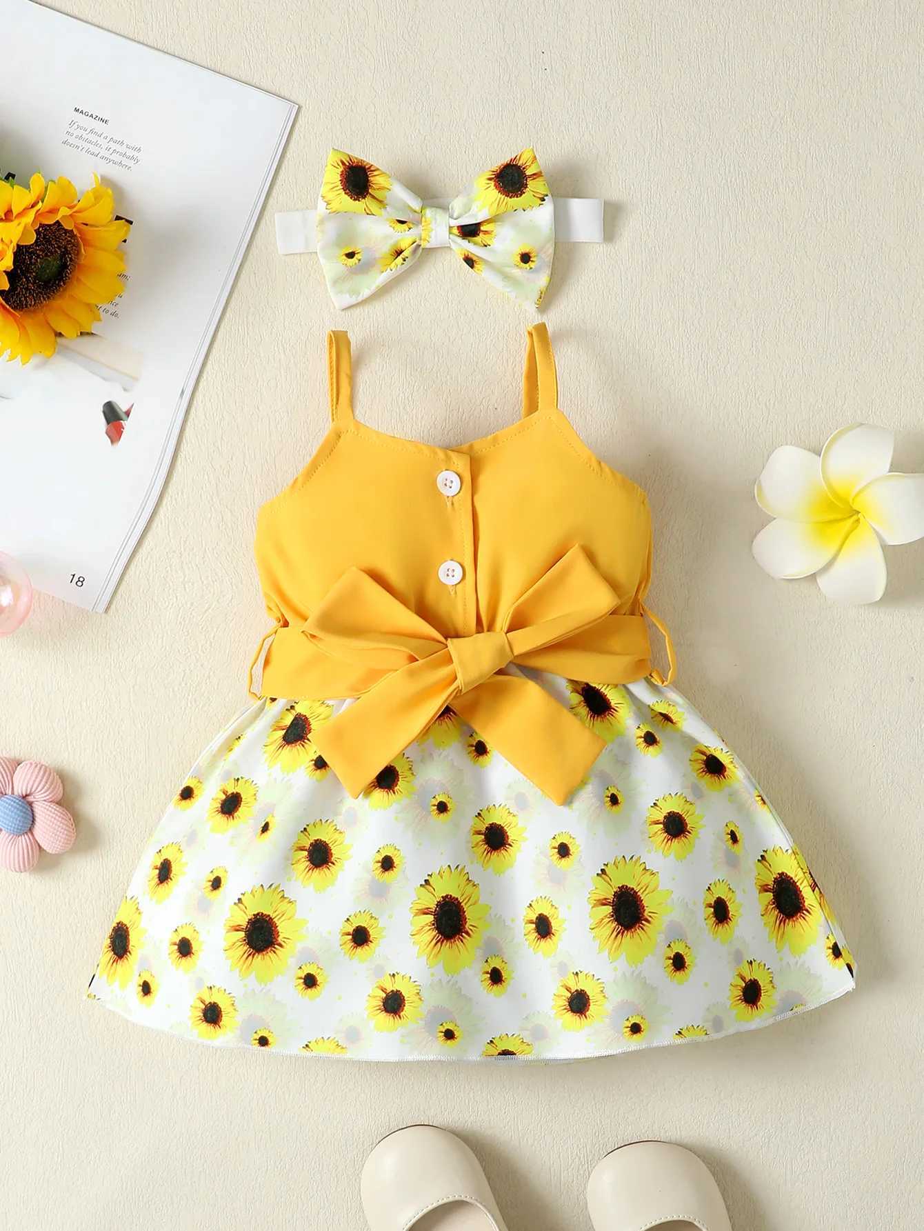 0-2 Year Old Newborn Baby Girl Summer Suspender Bow Headband Belt Sunflower Print Casual Daily Dress Baby Clothes X250220