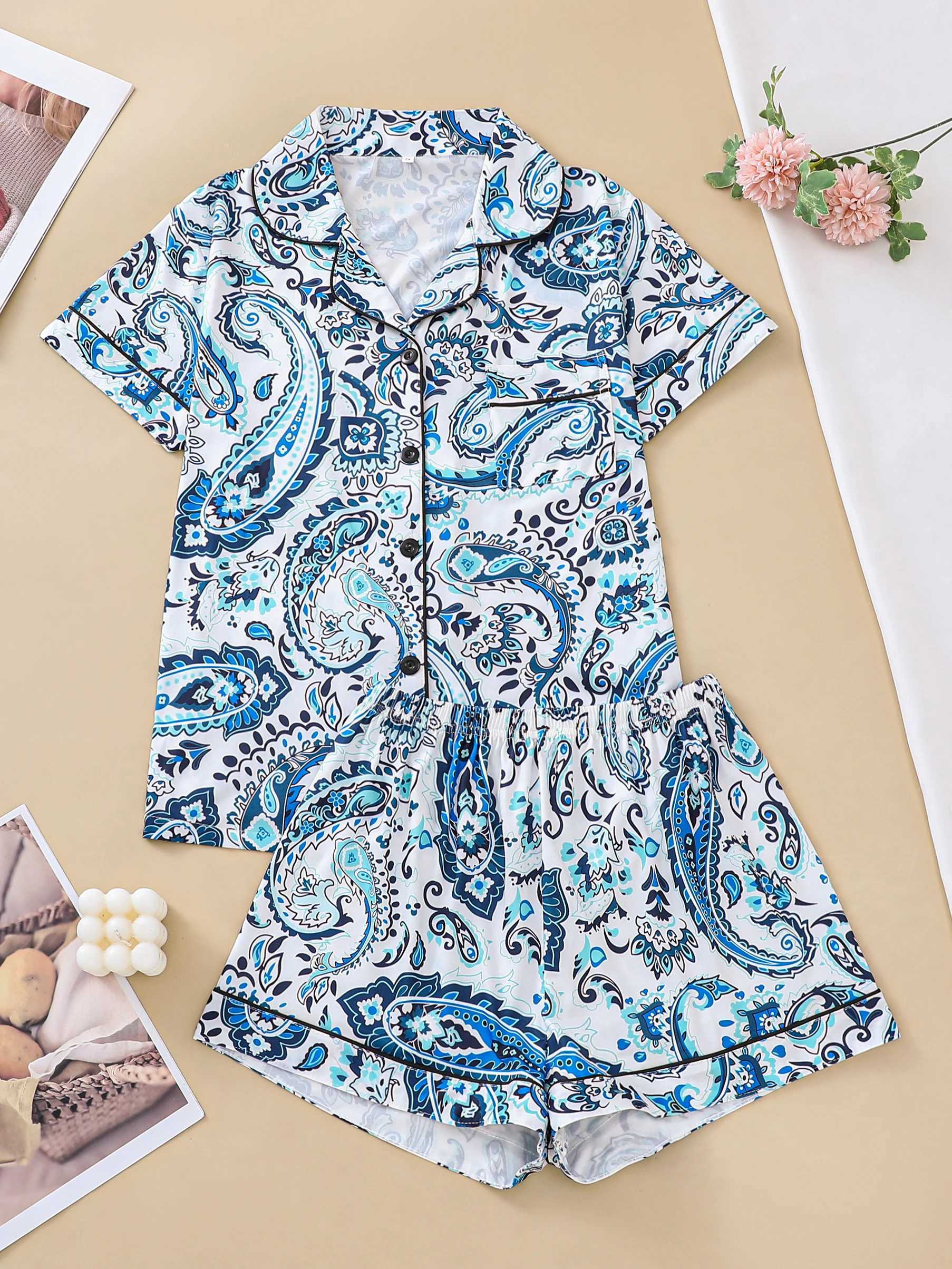 Two-piece set of womens pajamas lapel top and trousers paisley summer casual womens pajamas home wearXJ250220