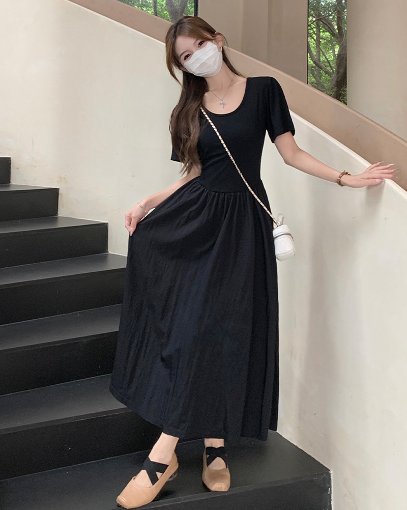 C33814 Temperament Little Black Dress Summer Black French Waist Large Swing Dress High-grade Slimming A-line Skirt