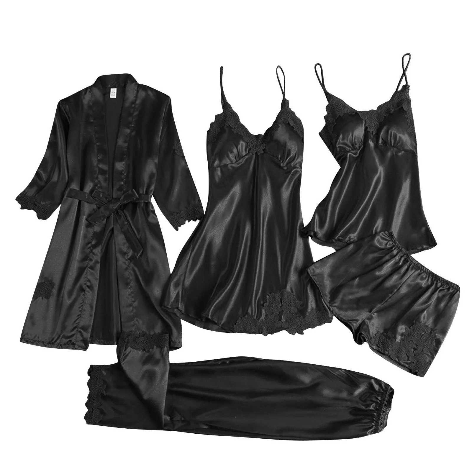 5pcs Ladies Satin Pajamas Set 5 Piece Pijamas Silk Like Lace Paneled Sexy WomenS Pajamas Smooth Skin-Friendly Home SpwearsXJ250220