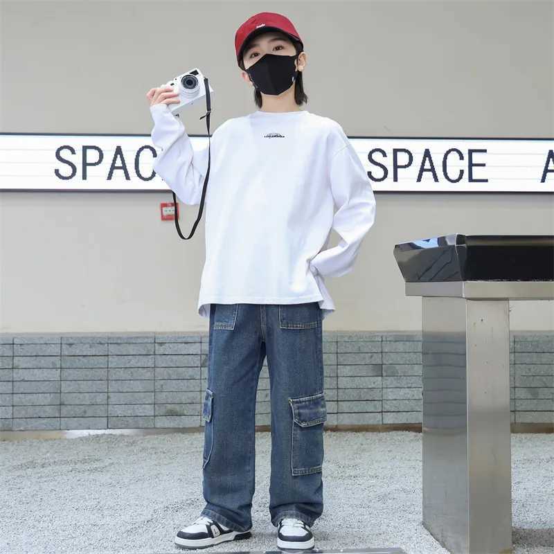Spring Autumn Teenager Boys Jeans Pocket Casual Denim Kids Boys Wide Leg Loose Pants Childrens Boys Straight Leg Pants Z250220