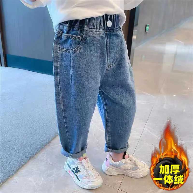 Asus Velvet Lined Girls Jeans Winter New Bag Plush Childrens Vaqueros Pantalones Warm Thick Cute Printed Childrens Jeans Z250220
