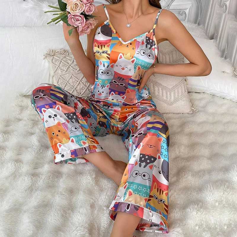Womens Satin Floral Pajama Sets with Spaghetti Strap Tops and Long Pants Spwear 2 Piece Sveless Home Clothes LoungewearXJ250220