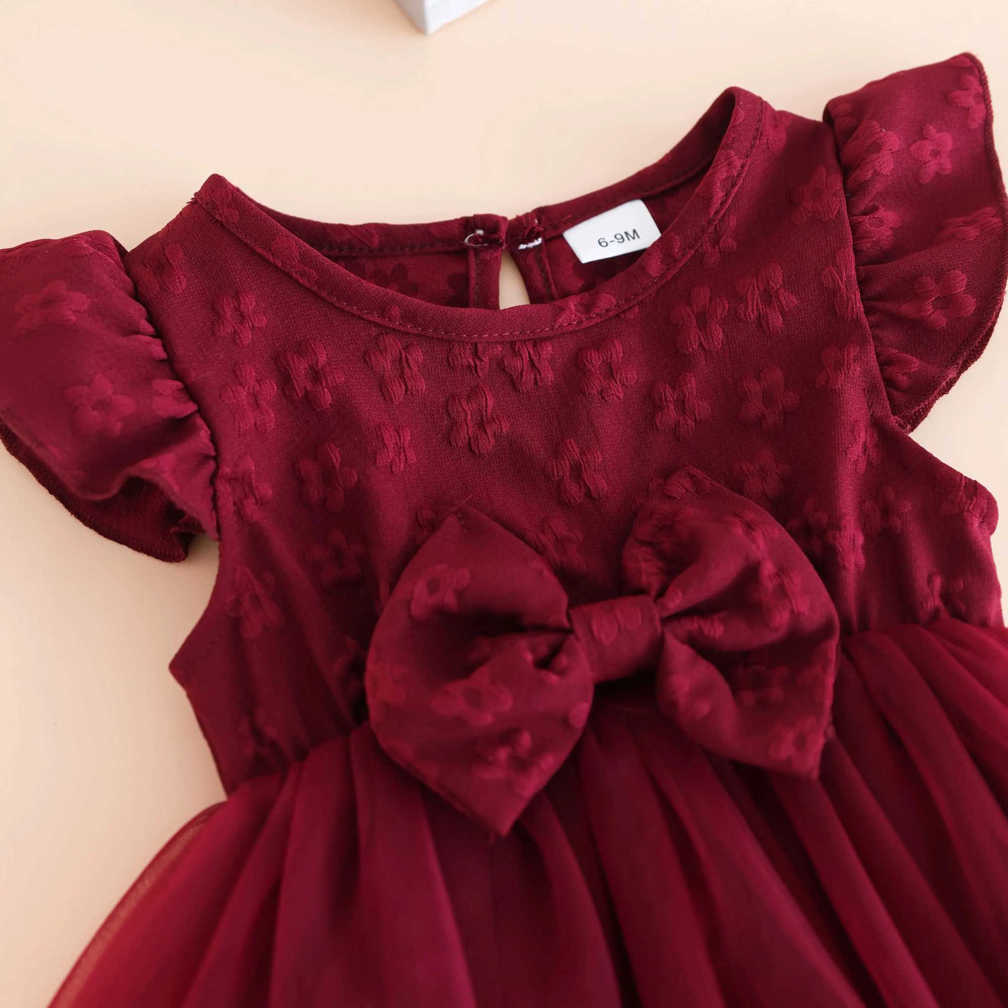 Summer charming girl wine red print mesh dress with flowing sleeves and gauze-cute knee summer dress with rose detail girls dre X250220