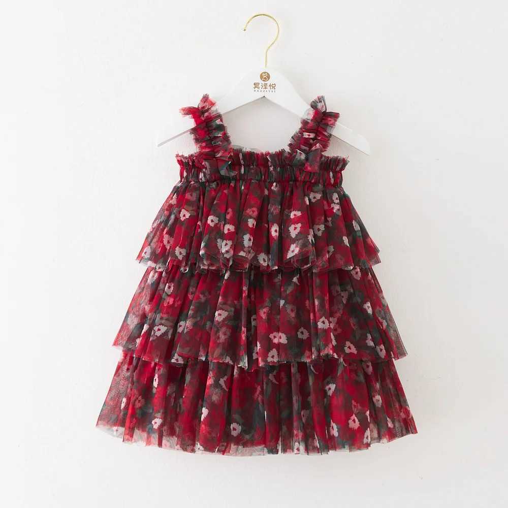 New Cute Baby Girl Dress Sweet Flowers Stamping Drape Wrinkle Mesh Baby Dresses Fashion Baby Girl Clothes Princess Cake Frock X250220