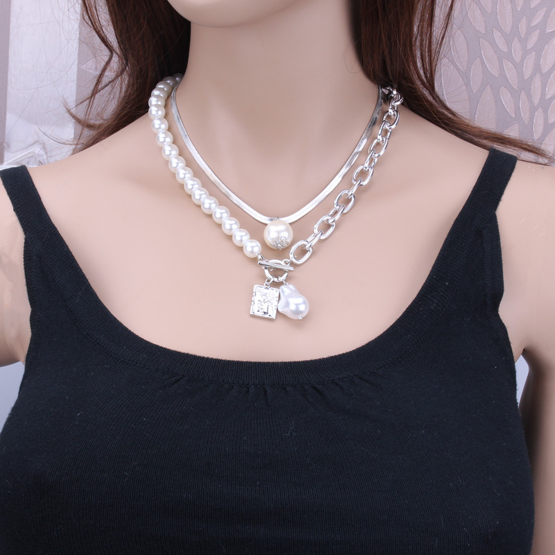 Vintage New Baroque Pearl Portrait Square Plaque Necklace for Women Double Set of Chains