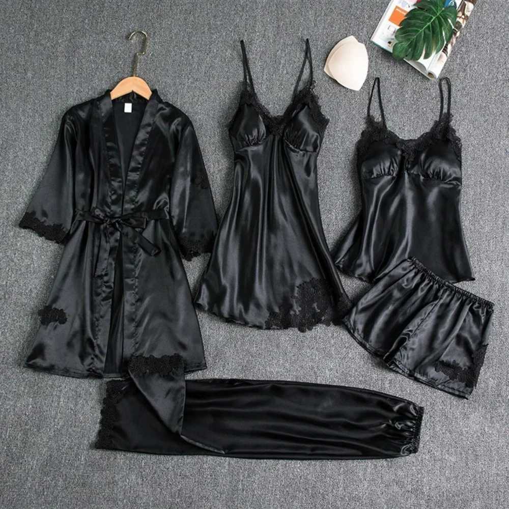 5Pcs Ice Silk Robe Sp Pajama Set Womens Ventilate Lace Satin Pajamas Gown V-Neck Casual Wear Home Nightwear Spring SpwearXJ250220