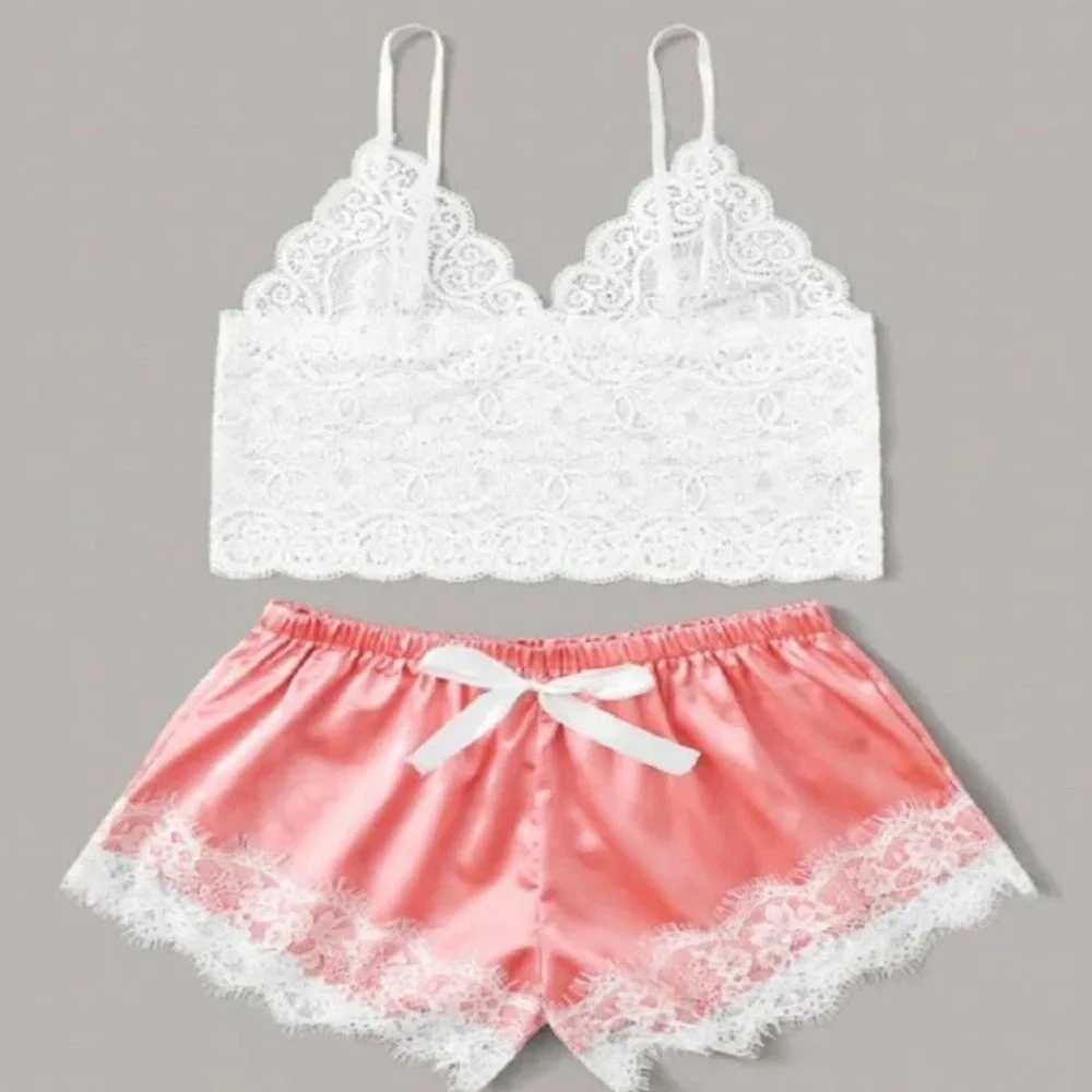 Sexy Lace Silk Spwear Two Piece Set of Suspender Shorts for Women Pajamas Set Lingerie Crop Tops Shorts NightwearXJ250220