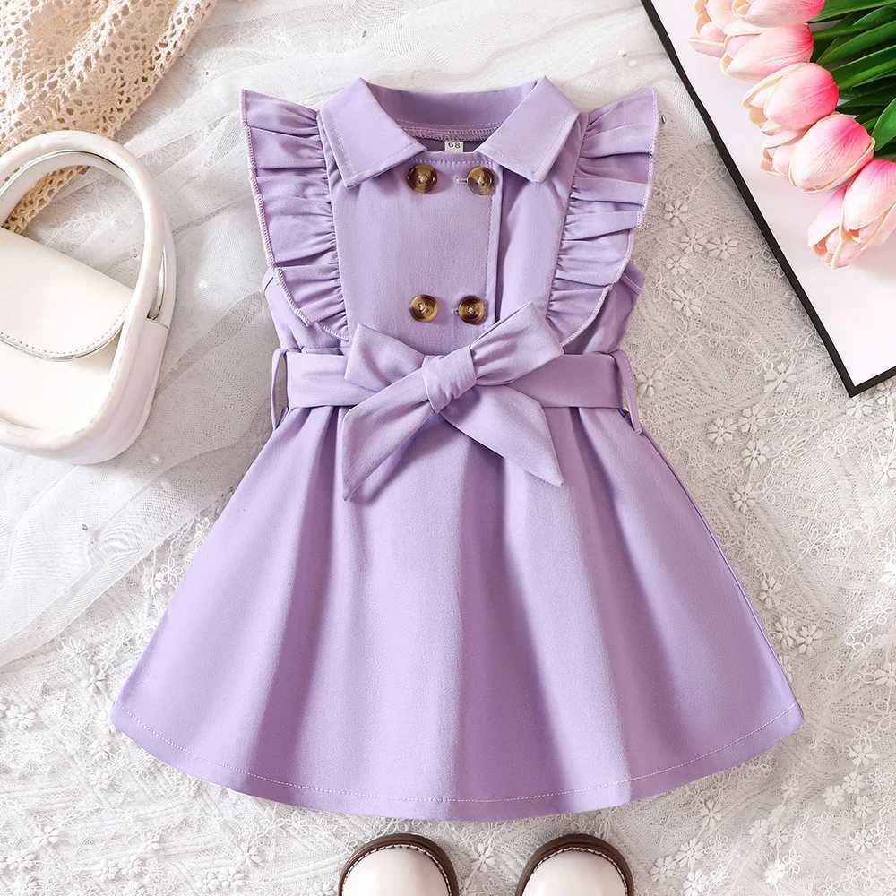 Kids Girls Retro Solid Color Trench Belted Dress Double Breasted Elegant Summer Baby Dress X250220