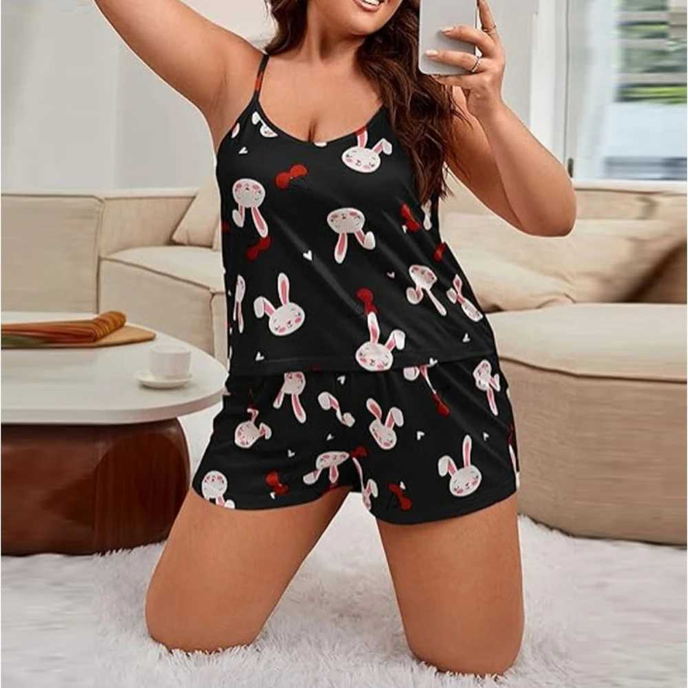 Cherry Print Plus Size Womens Pajamas Set Sveless Top Shorts Summer Nightwear Lounger Homewear 2 Pieces Fe SpwearXJ250220