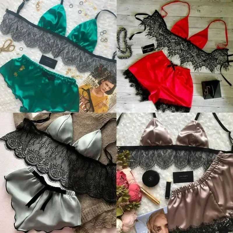 Womens Underwear Sexy Silk Satin Lingerie Pajamas Crop Tops Bralette Panty Sets Soft Wear for Girls Tops Briefs Lace SuitXJ250220