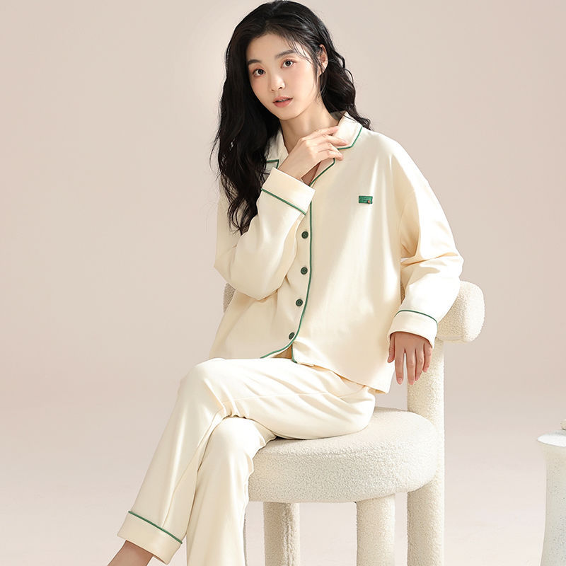 B708-Pajamas for women new pure cotton spring and autumn long sleeves can be worn outside large size home clothes color suit