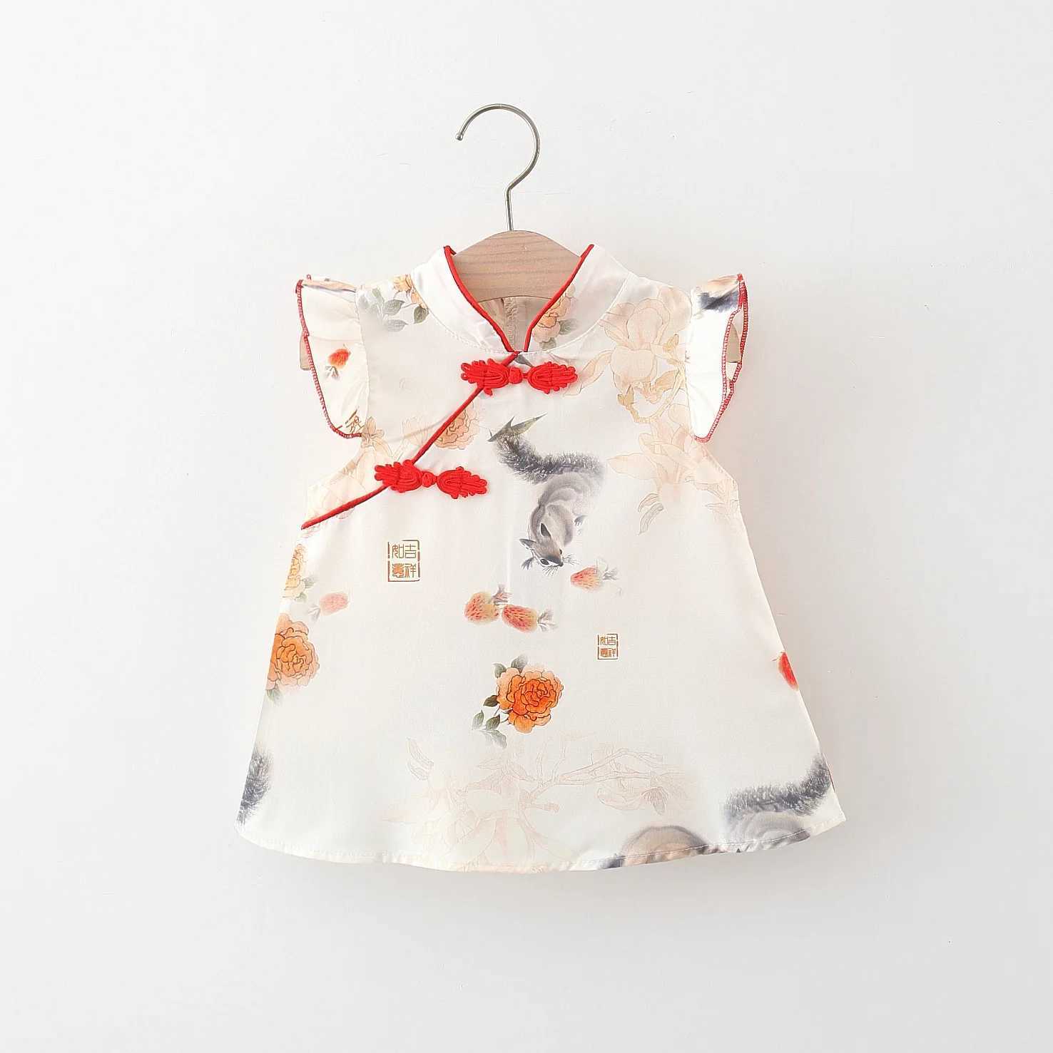 Chinese Style Girls Dress Summer Baby Girl Cartoon Panda Bamboo Print Small Flying Sleeves Buckle Tassel Cheongsam Dress X250220