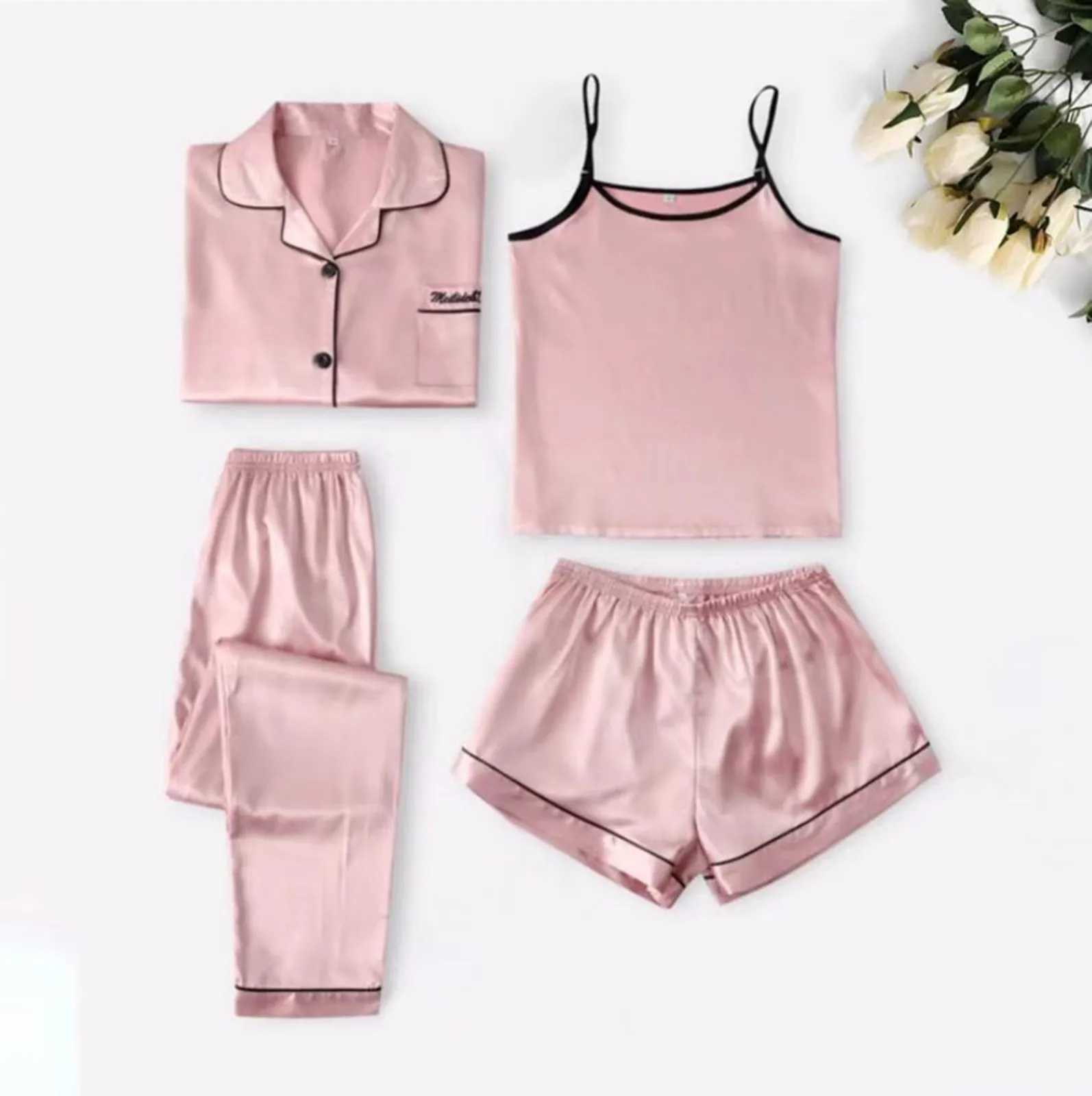 Spwear Women Long Sve Suspenders Long Pants Shorts Pajamas 4 Piece Set Ice Silk Quick Dry Night Dress Trouser ShirtXJ250220