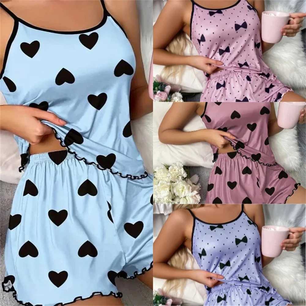 Womens Pajama Set Pajamas T-Shirts Shorts Pink Heart-Shaped Print Round Neck T-Shirt Ice Silk Top Comfortable Casual Summer XJ250220