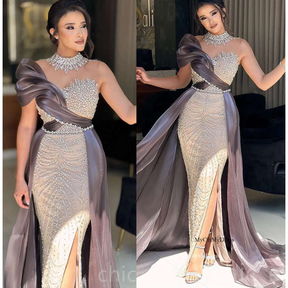 2024 Urious Sheath Evening Dresses Illusion Beaded Rhies Promdress High Split Prom Formal Party Bridesmaid Birthday Gowns Dress For Special Ocns 0218