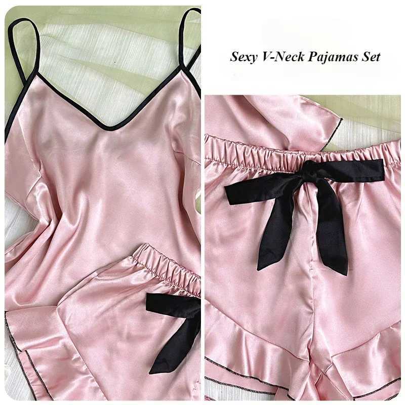 Womens Ele Satin Pajamas Set V-Neck T-Shirt Ruffled Edges Tops Shorts Simple And Breathable Pajama Sets Sling Home ClothingXJ250220