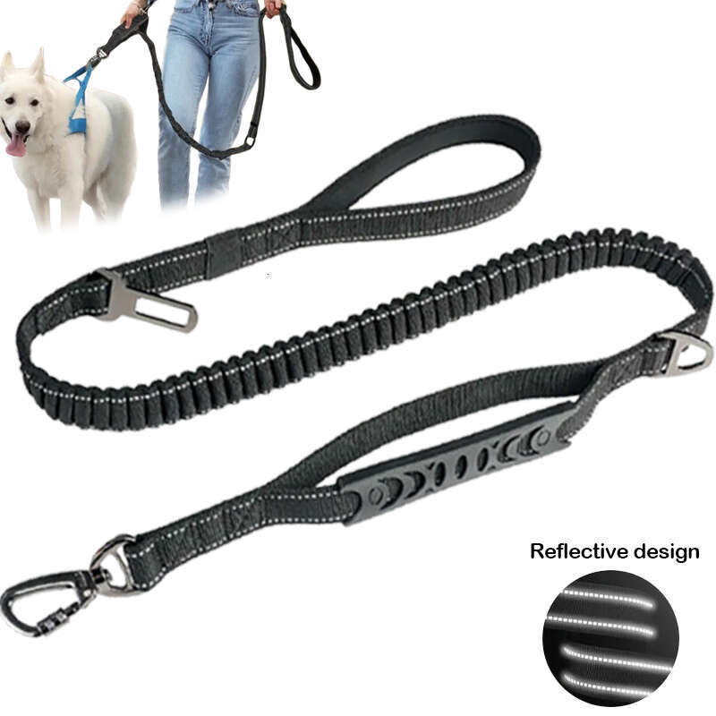 DHpet Reflective Dog Leash with 2 Padded Handle Dog Walking Training Shock Absorbing Bungee Leash With Car Seat Belt Buckle for Small Medium Large Dog
