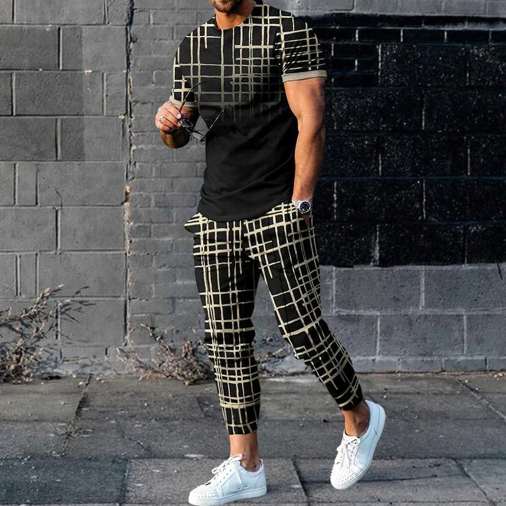 Fashion Men Tracksuit T-Shirt 2 Piece Set Short Sleeve Sportswear Suits Men Clothing Trousers Casual O-Neck Tops Pants Streetwear W250221