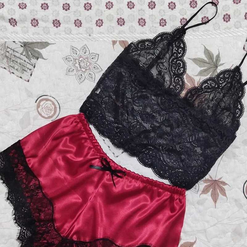 Lace Silk Spwear for Women Pajamas Set Sexy Lingerie Crop Tops Shorts Babydoll Nightwear S/M/L/XL/2XLXJ250220