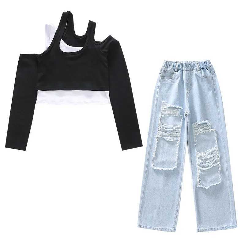 Kids Hole Jeans For Girls Spring Casual High Waist Wide Leg Pants Baby Girls Ripped Denim Trousers Children Clothing 5-14 Years Z250220