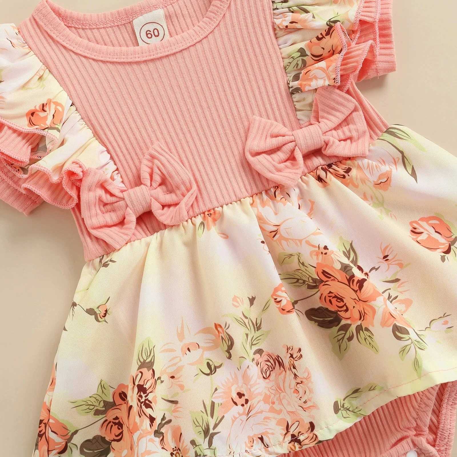 Summer Infant Baby Girls Dress Flying Sleeve Bodysuit + Bow Headband Flower Pattern Ruffle Sweet Style Clothing X250220