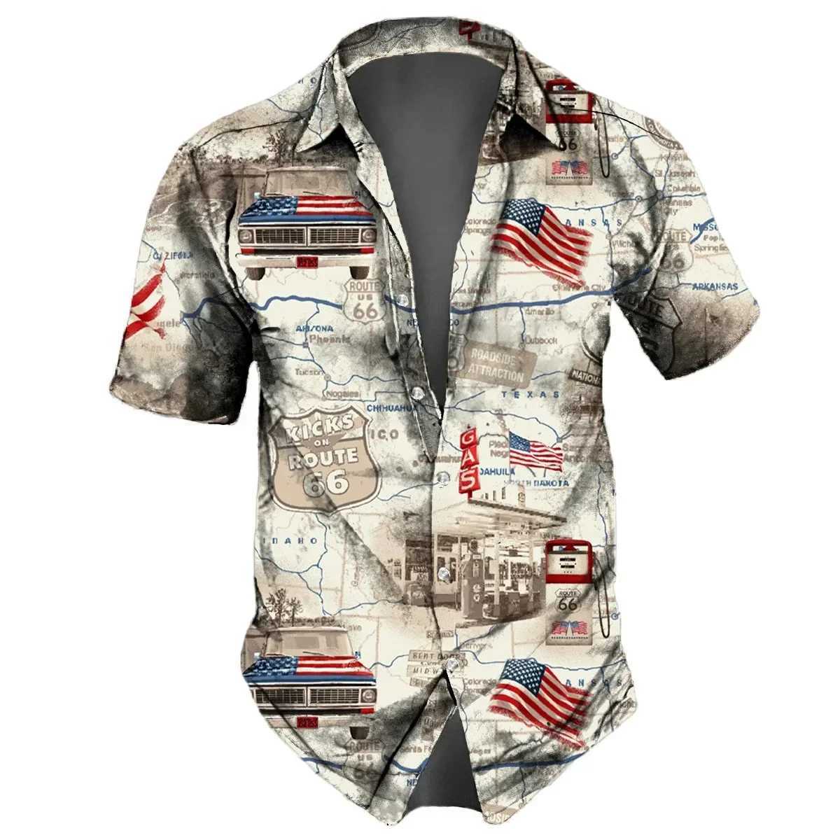 Mens Shirt Route 66 Retro 3D Fashion Mens Hawaiian Shirt Short Sleeve Street Clothing Button Top Daily Party Mens Wear W250220