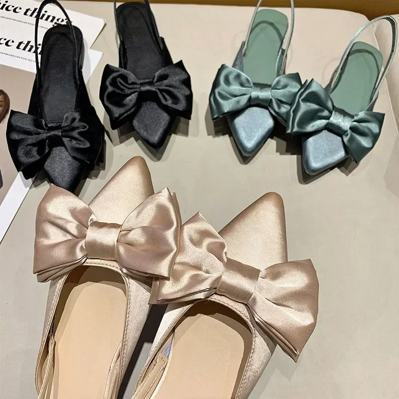 Bao Tou Womens Sandals Fashion Bow Knot Low Boots Pump Womens Silk Sexy Point Sandals De Mujer Womens Shoes 2024 250218