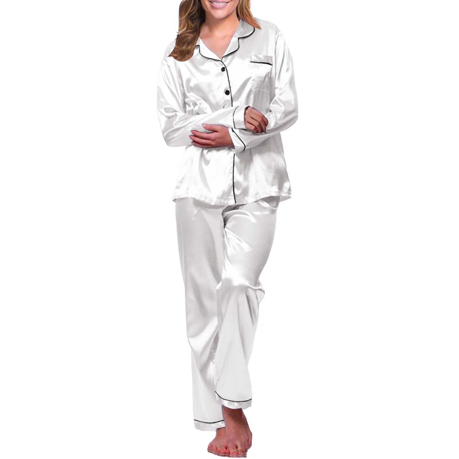 Autumn Women Basic Silk Satin Pajamas Suits Loose Home Wear 2 Piece Set Long Sve Lapel Button Up Shirts+Pant Sets SpwearXJ250220