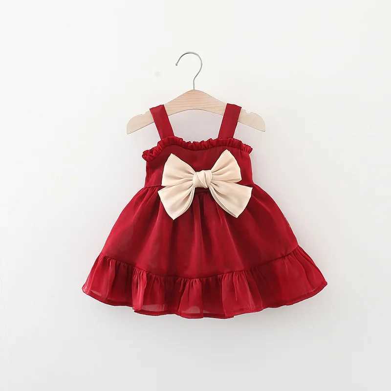 Girls Summer Dress Sweet Hanging Strap Solid Color Big Bow Dress Suitable for Children Aged 80-110 X250220